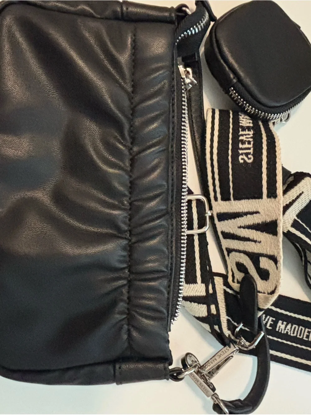 Steve Madden Black Quilted Crossbody with Striped Logo Strap